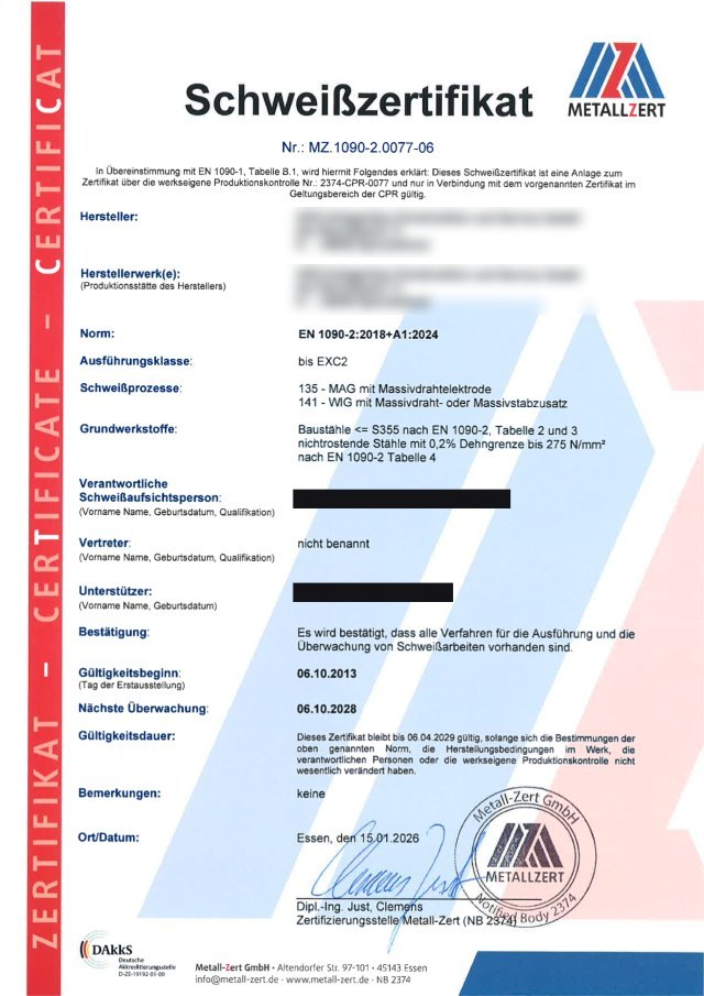 Vorschau: Schweißzertifikat nach EN 1090-2 der Metall-Zert GmbH