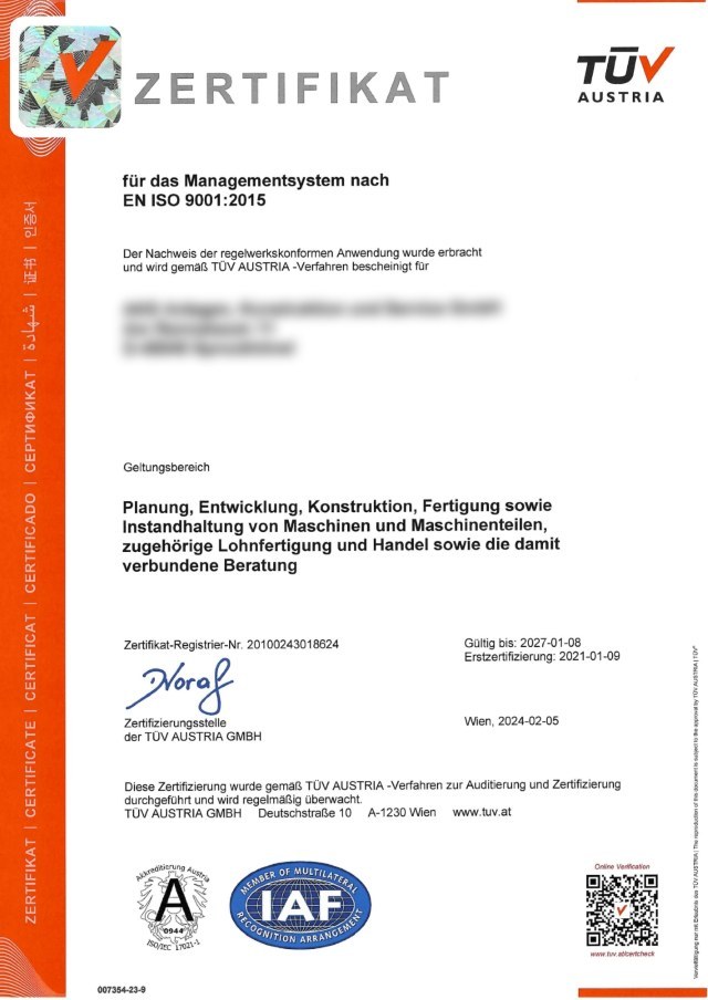 Vorschau: Zertifikat EN ISO 9001:2015 von TÜV AUSTRIA